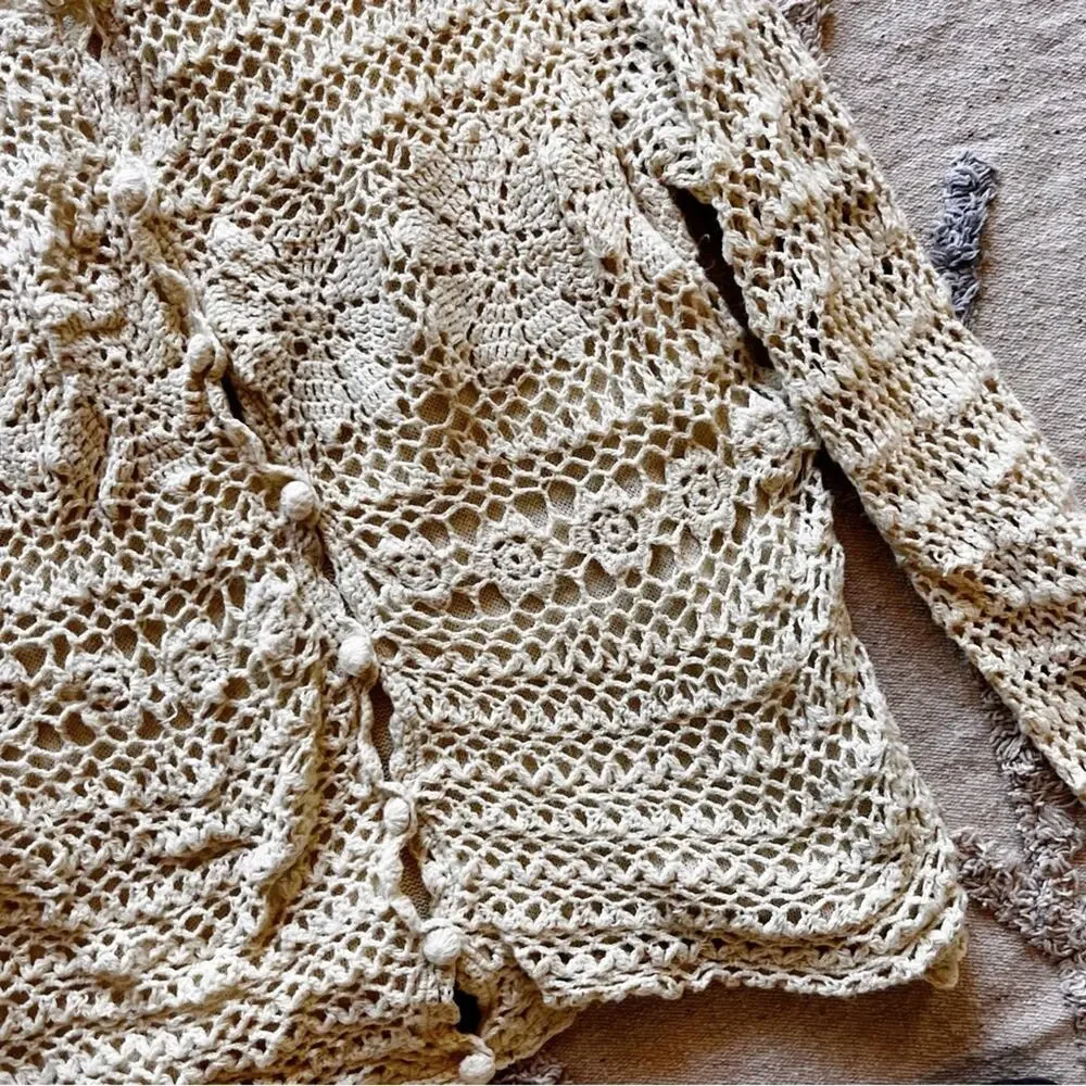 Vintage Willow Ridge Ivory Crochet Button Front Cardigan Medium Cottage Granny - Picture 4 of 10